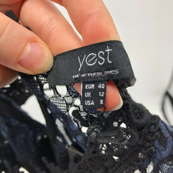 YEST Netherlands NWT crochet black blue peacock high neck fitted midi dress 8 - Picture 7 of 16